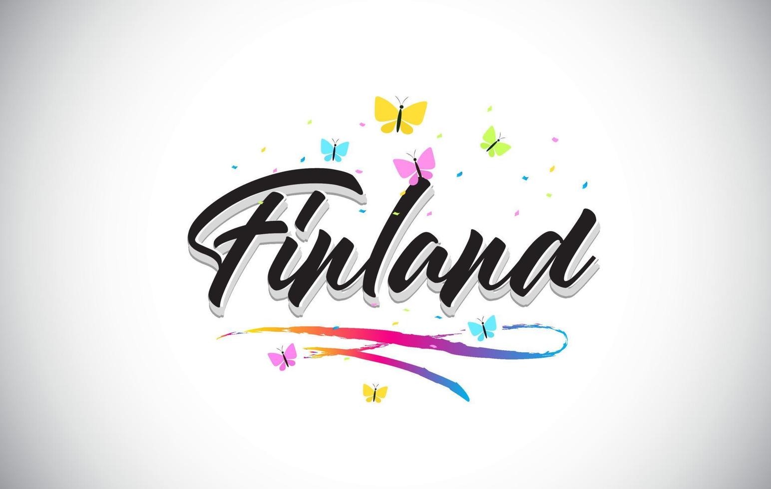 Texto manuscrito de la palabra del vector de Finlandia con las mariposas y el swoosh colorido.