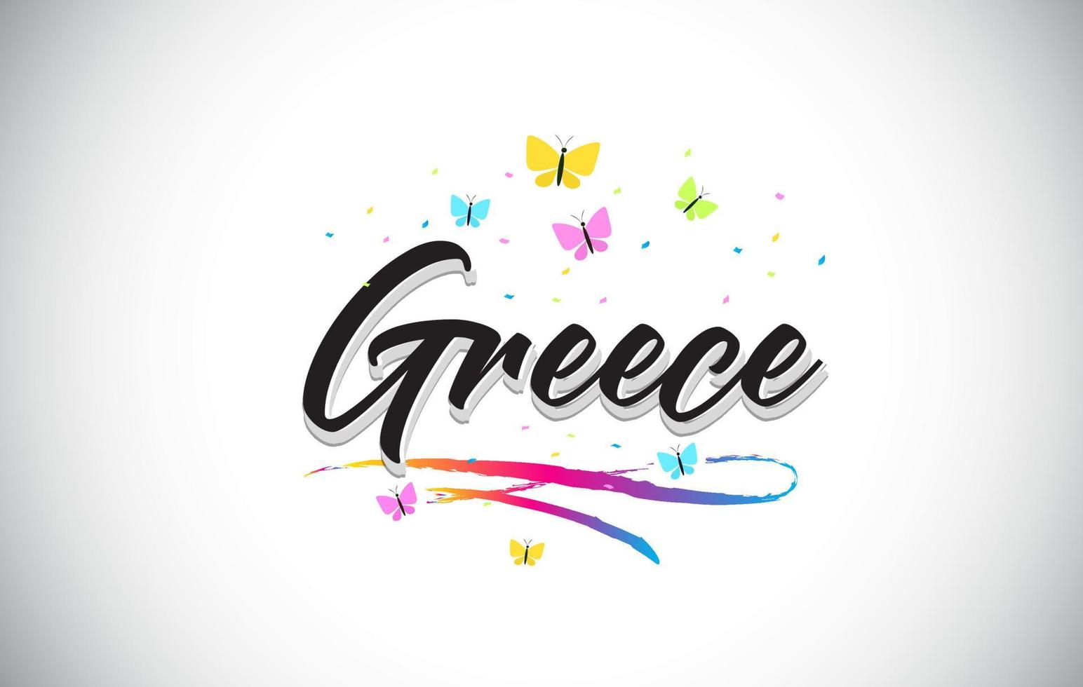 Greece Handwritten Vector Word Text with Butterflies and Colorful Swoosh.