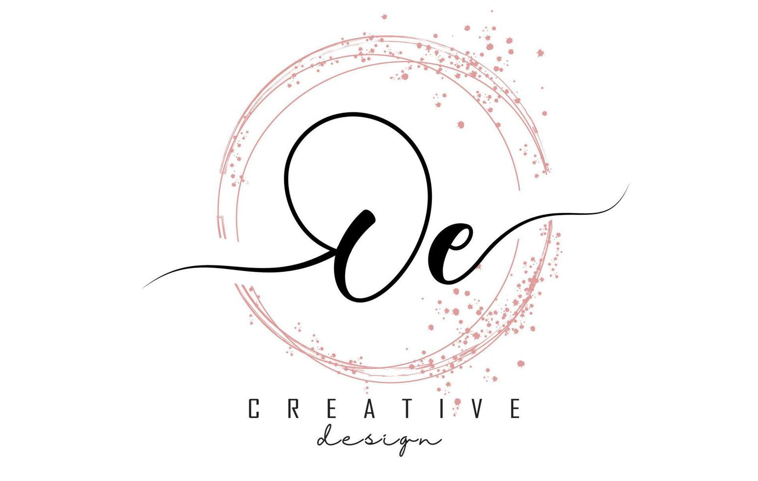 Handwritten OE O E letter logo with sparkling circles with pink glitter. vector