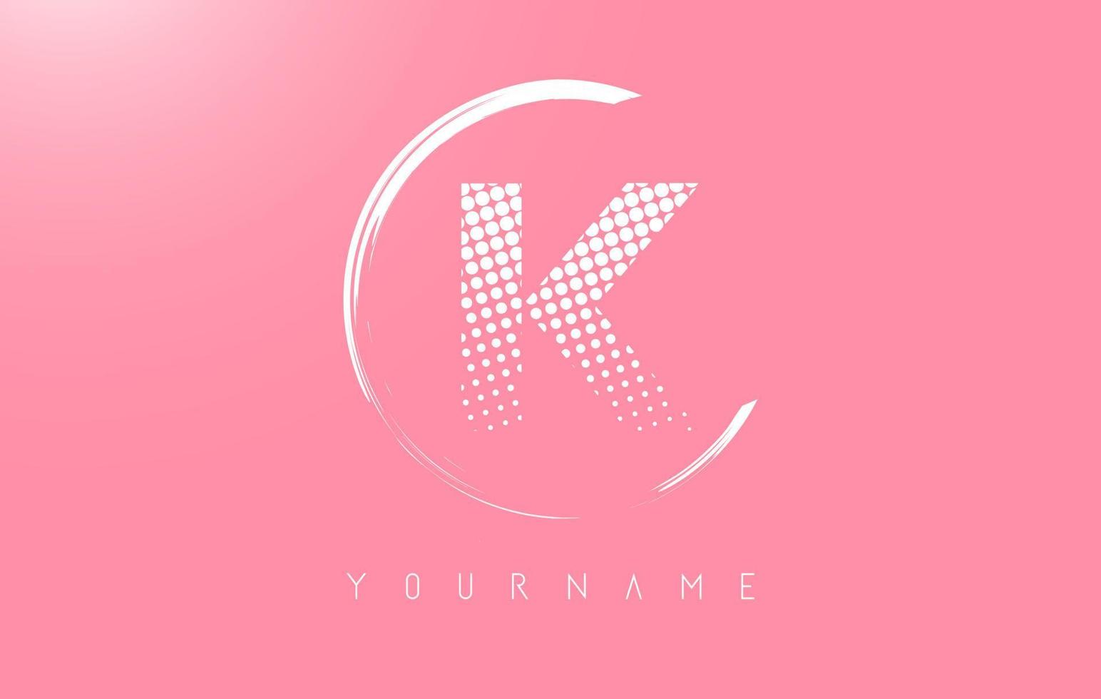 White K letter logo design with white dots and white circle frame on pink background. vector
