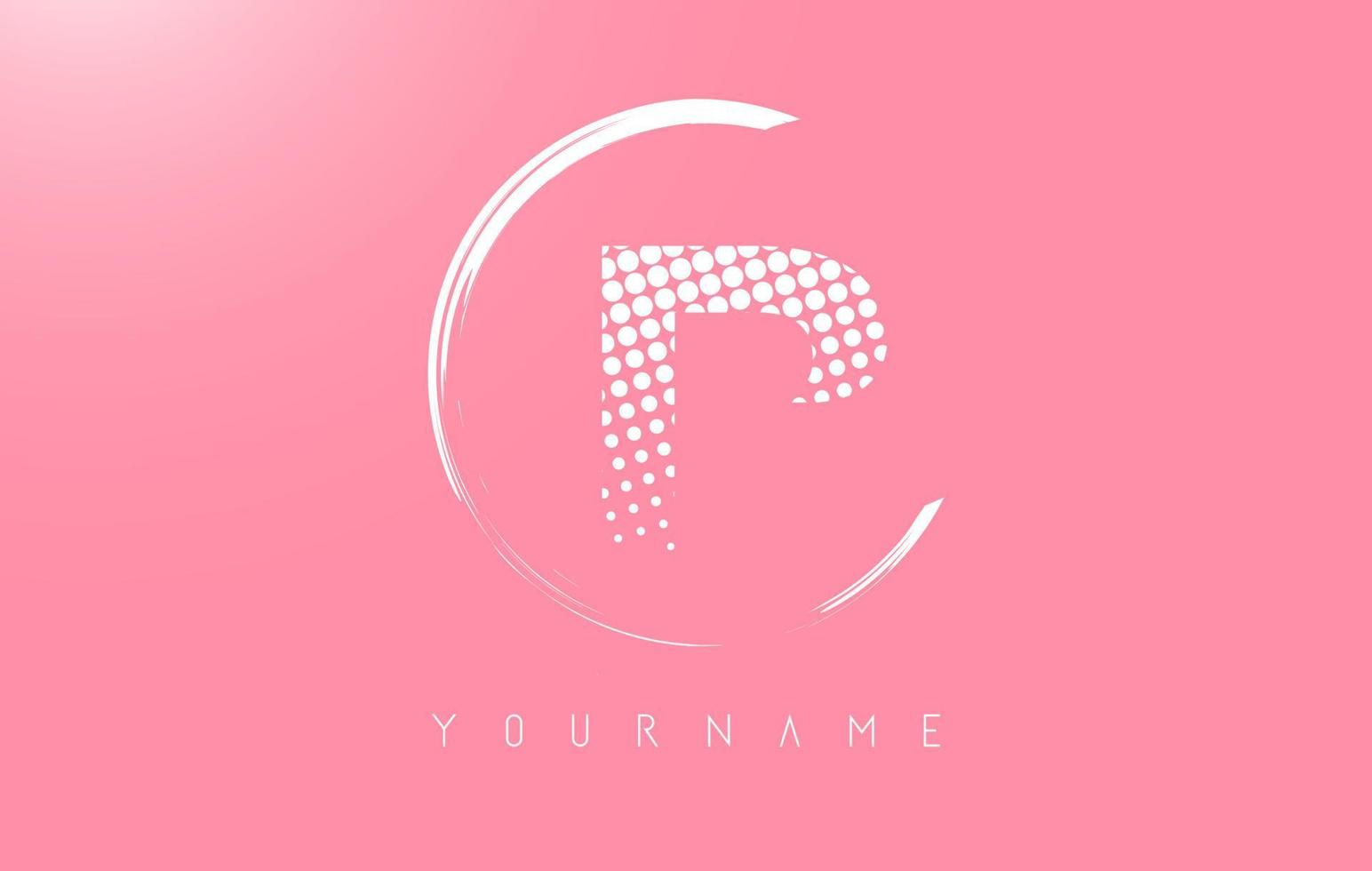 White P letter logo design with white dots and white circle frame on pink background. vector