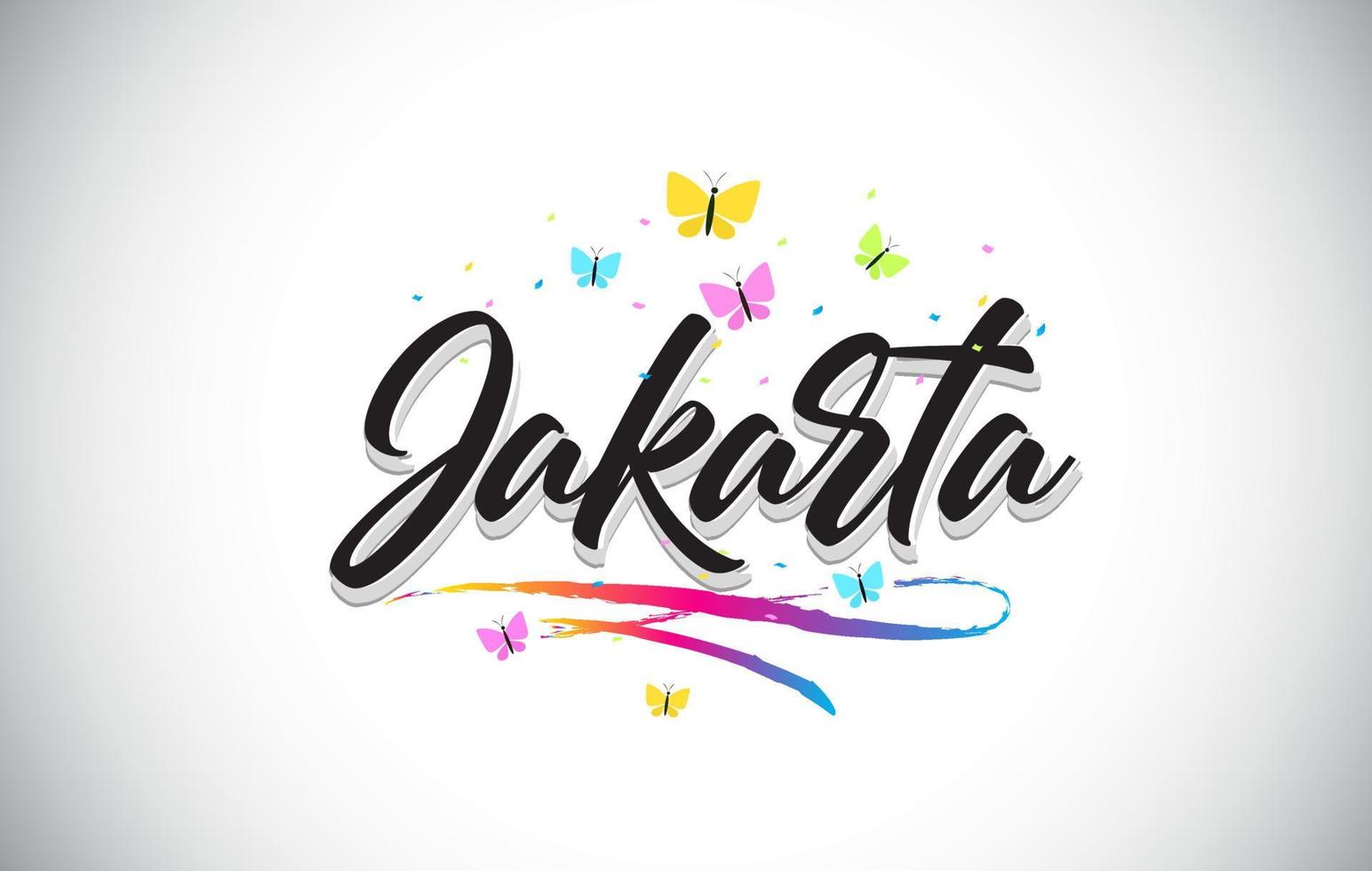 Jakarta Handwritten Vector Word Text with Butterflies and Colorful Swoosh.