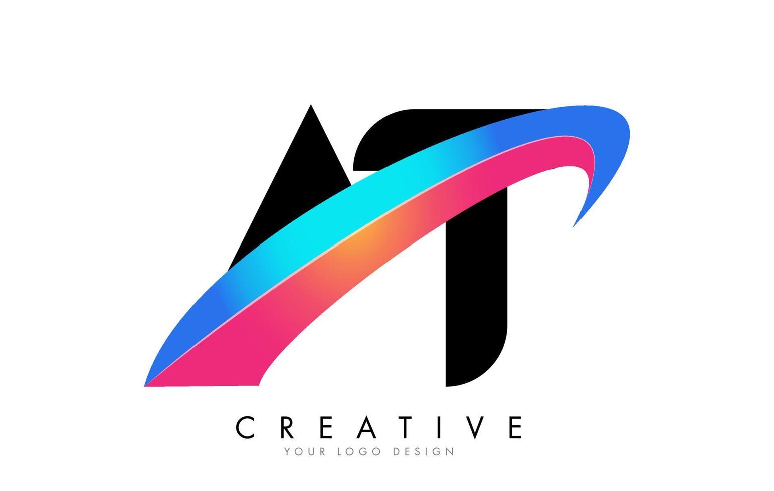 AT letter logo with bright gradient swash design. vector