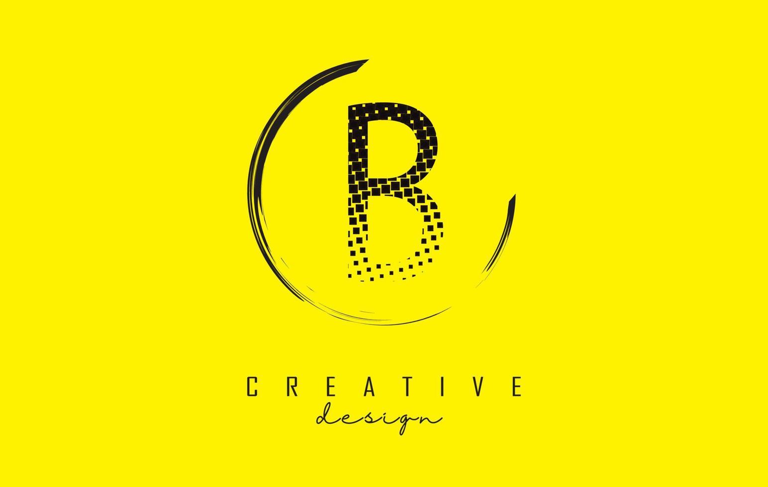 Black B letter logo design with black dots and circle frame on bright yellow background. vector