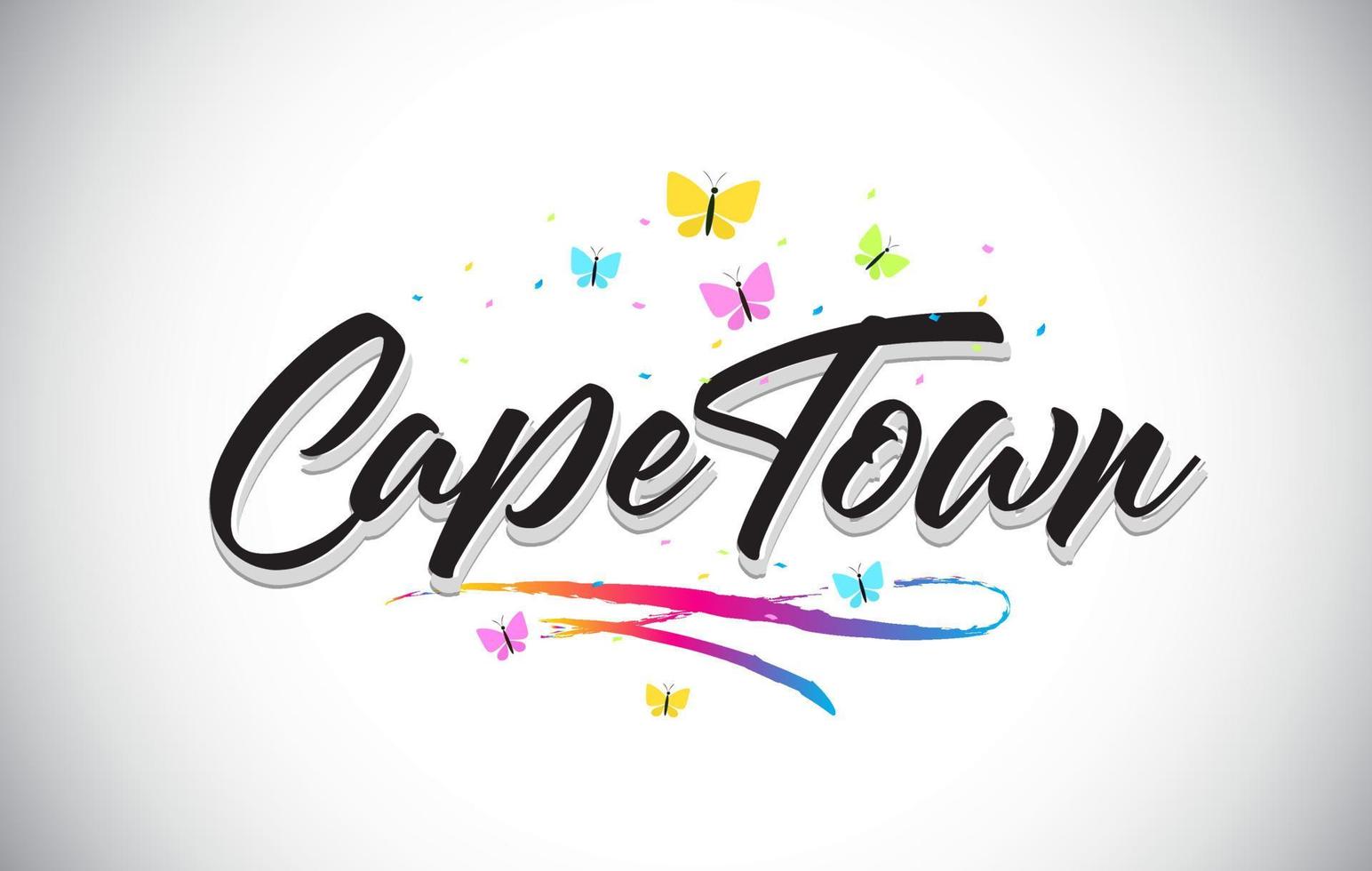CapeTown Handwritten Vector Word Text with Butterflies and Colorful Swoosh.