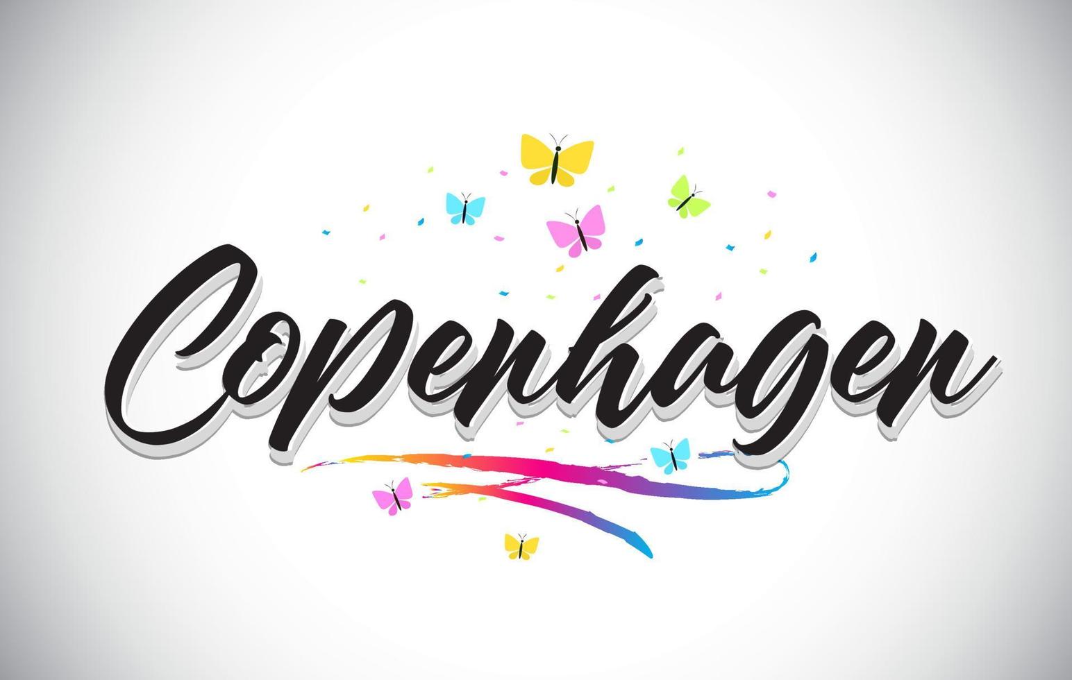 Copenhagen Handwritten Vector Word Text with Butterflies and Colorful Swoosh.