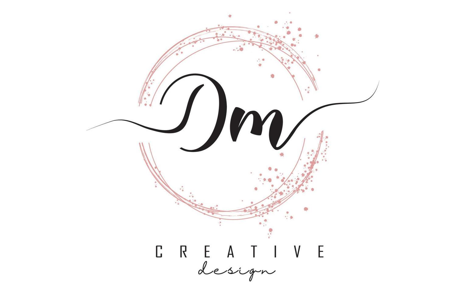Handwritten Dm D m letter logo with sparkling circles with pink glitter. vector