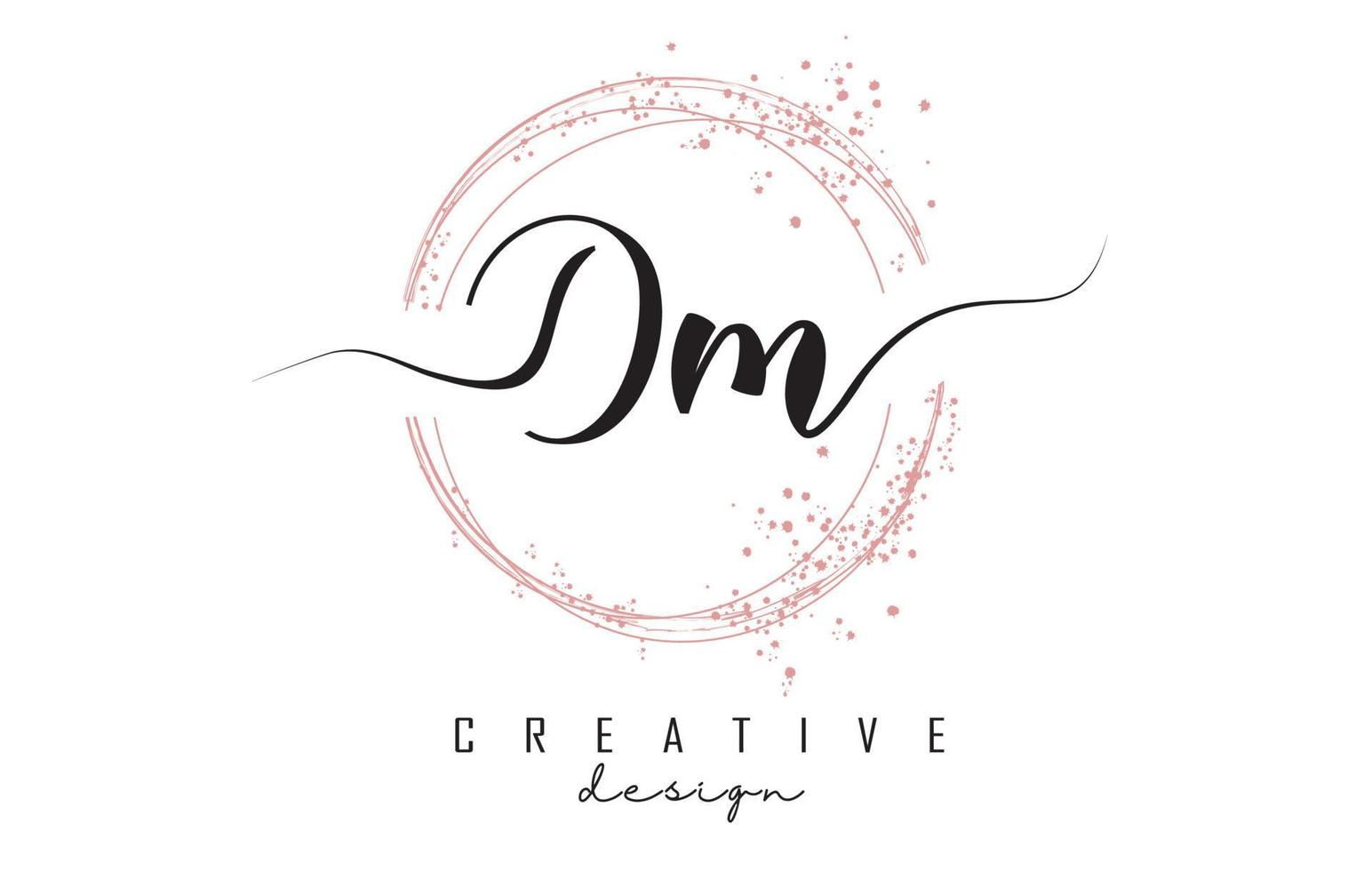 Logotipo de letra dm dm manuscrita con círculos brillantes con brillo rosa. vector