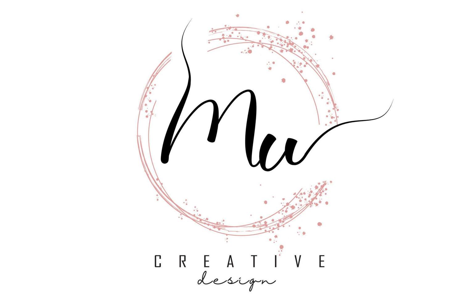Handwritten Mu M u letter logo with sparkling circles with pink glitter. vector