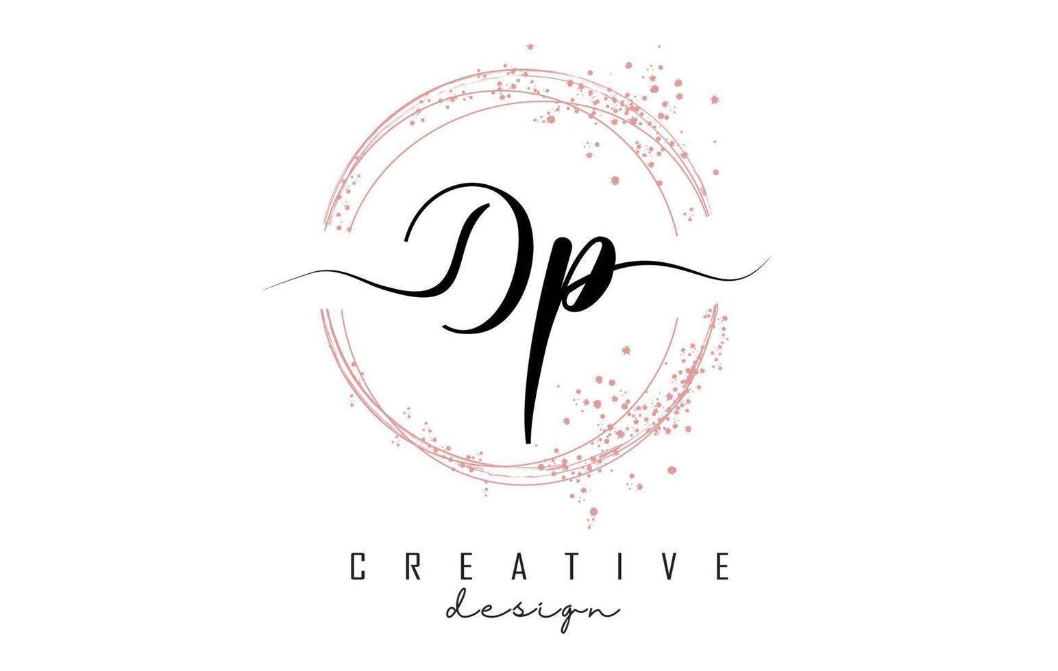 Handwritten Dp D p letter logo with sparkling circles with pink glitter. vector