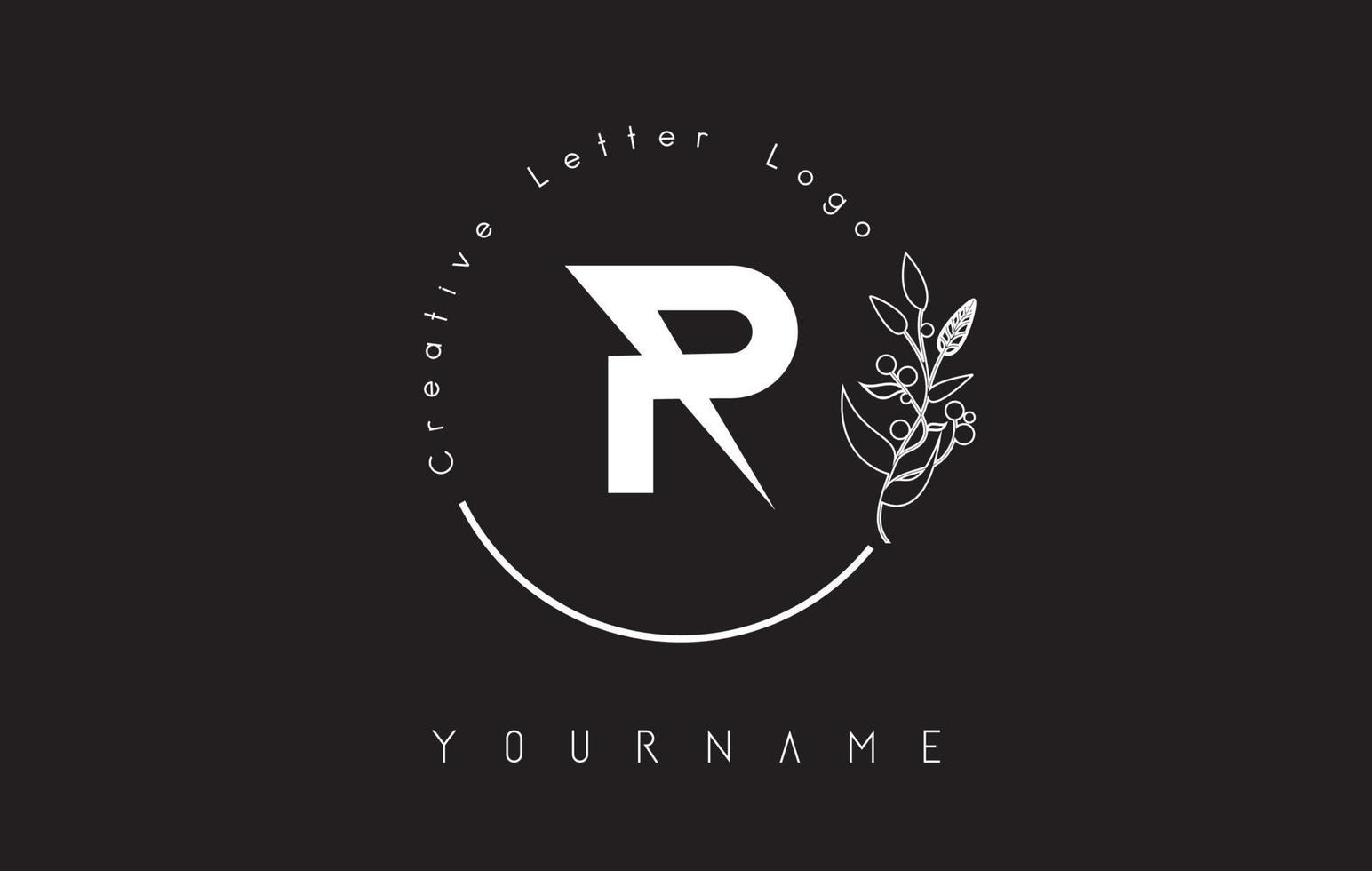 Creative initial letter R logo with lettering circle hand drawn flower element and leaf. vector