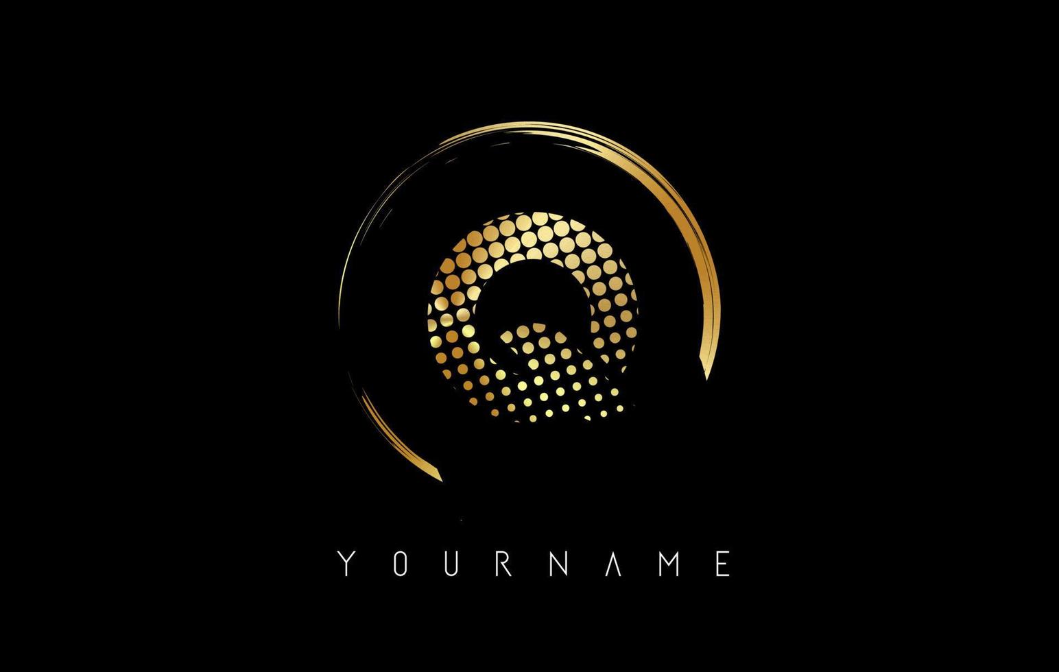 Golden Q letter logo design with golden dots and circle frame on black background. vector