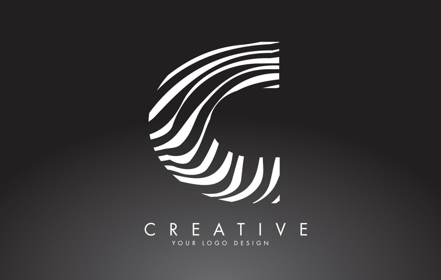 Diseño de logotipo de letra c con huella digital, madera en blanco y negro o textura de cebra sobre fondo negro. vector