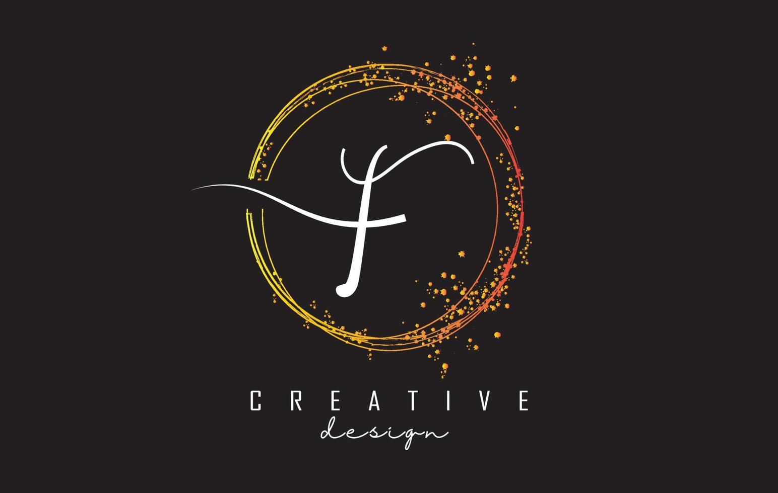 Golden sparkling circles and glitter frame for handwriting F letter logo. vector
