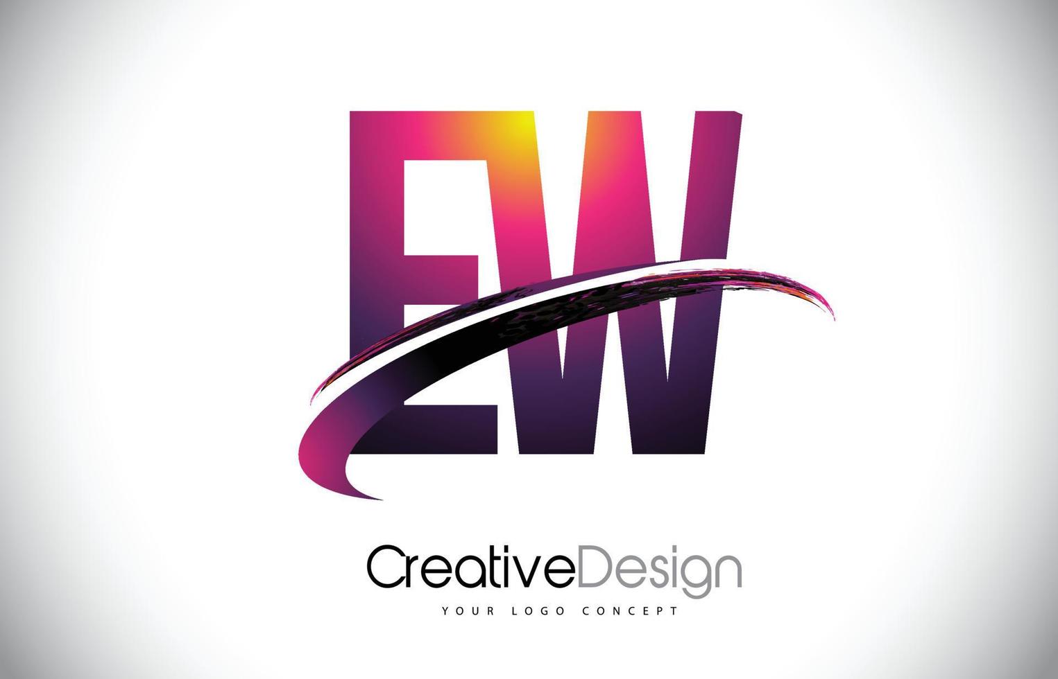 EW E W Purple Letter Logo with Swoosh Design. Creative Magenta Modern Letters Vector Logo.