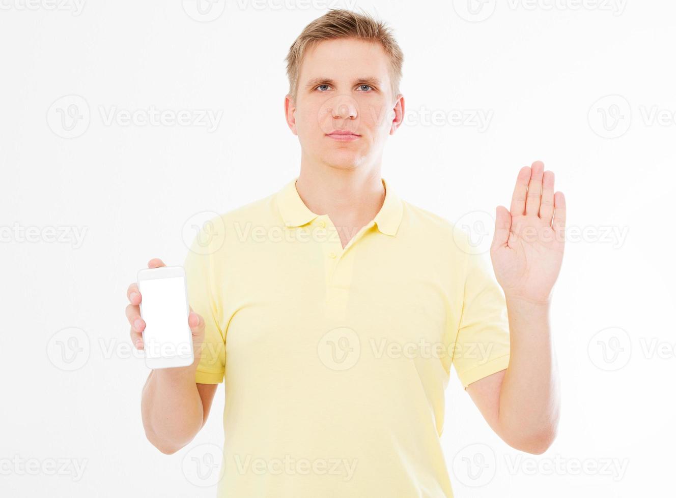 man hold blank screen phone and hand palm forward on white background photo