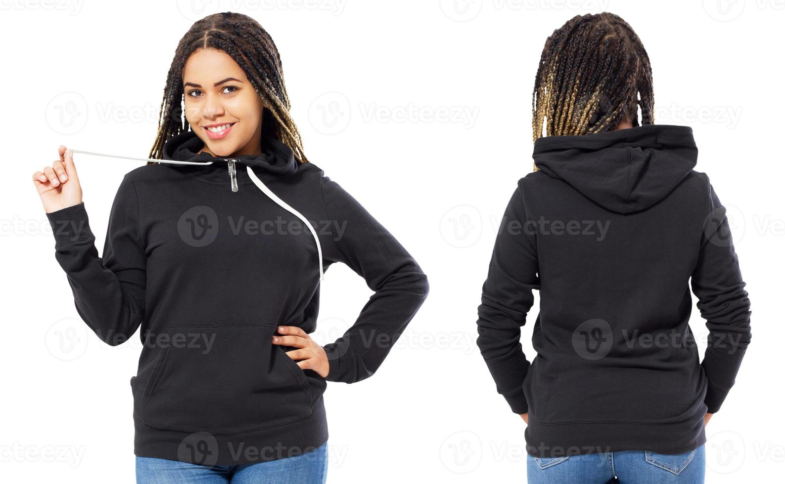 Happy beautiful black girl in sweatshirt front and back view mock up photo