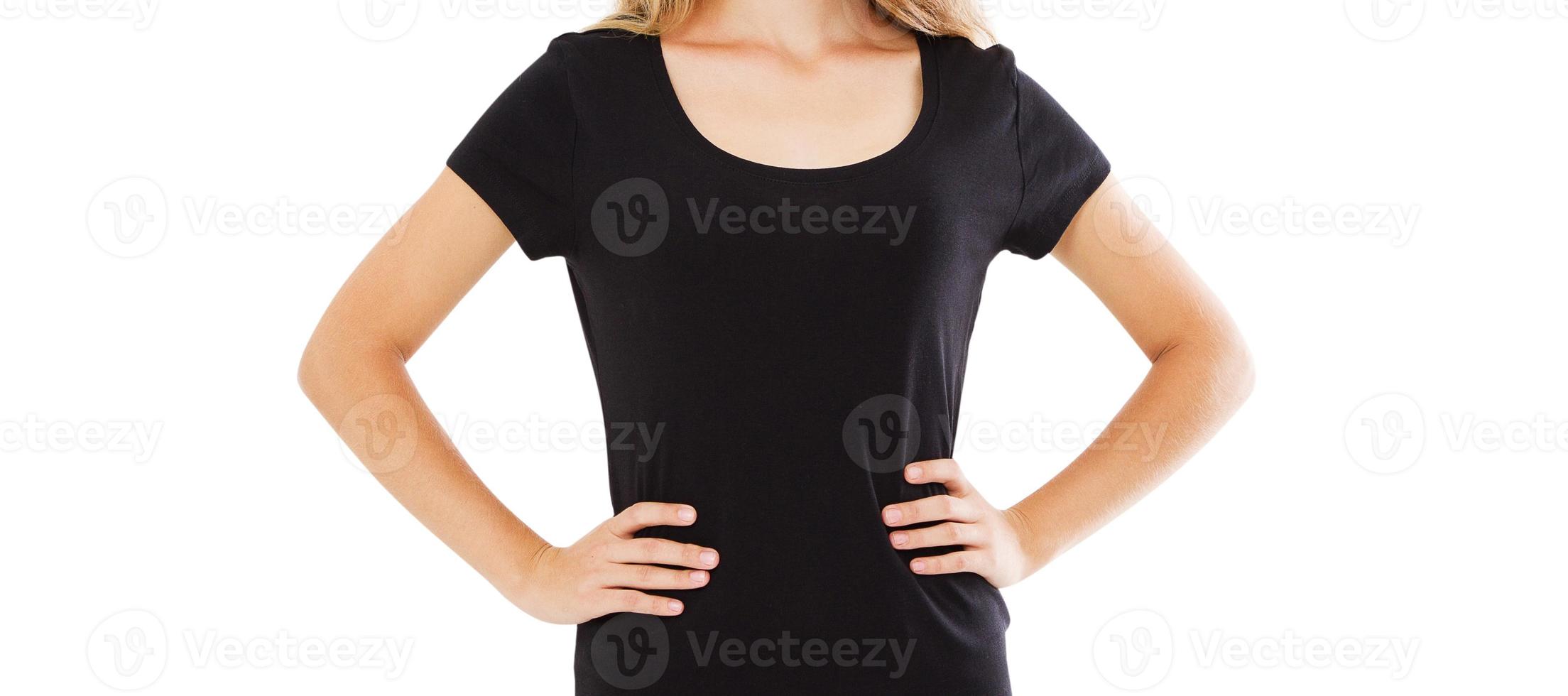 tshirt girl mock up isolated, black t-shirt photo
