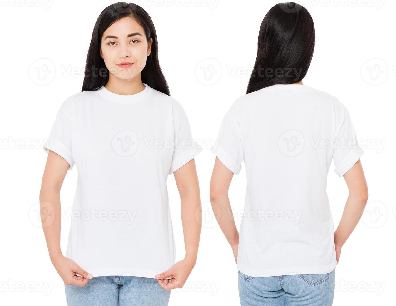 set happy asian woman pointing with on her blank white t-shirt while standing isolated, korean girl photo