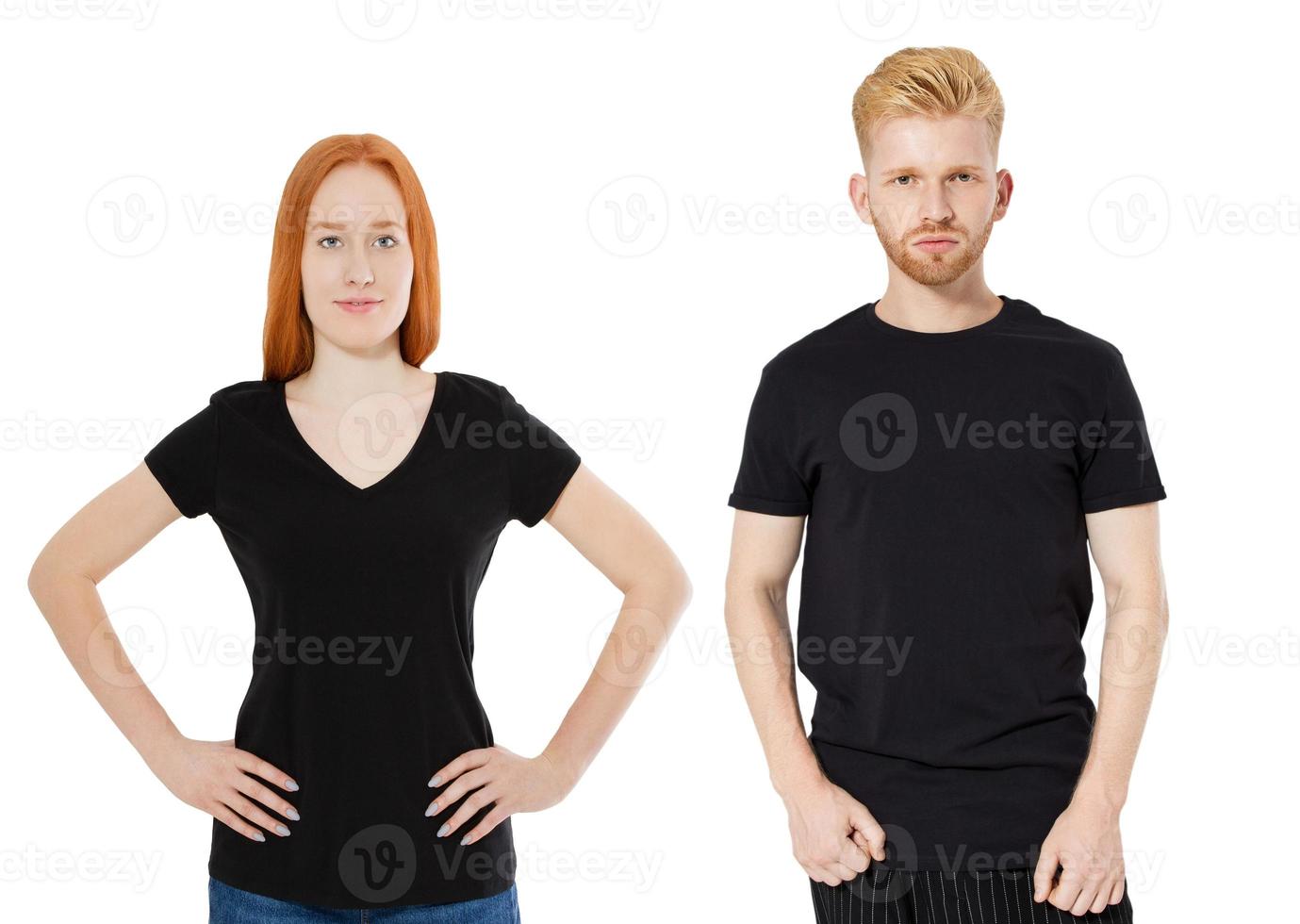 red-head man and girl standing in stylish black tshirt mock up isolated, t-shirt close up background photo