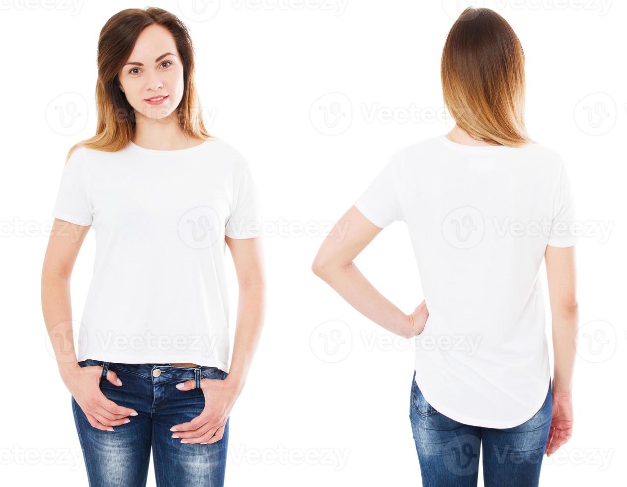 close up of young woman in blank white t shirt, shirt, front and rear isolated,girl in t-shirt photo