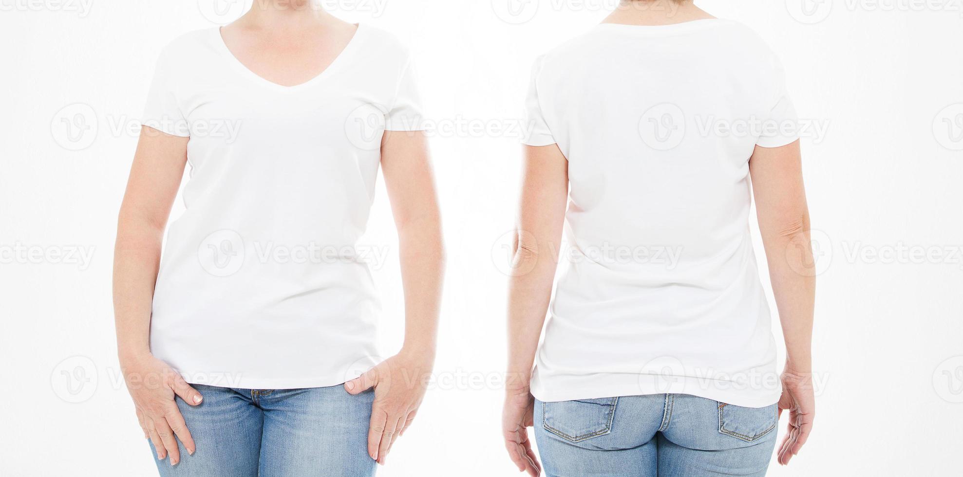 conjunto de retrato recortado mujer en camiseta sobre fondo blanco. maqueta para el diseño. copie el espacio. plantilla. blanco foto