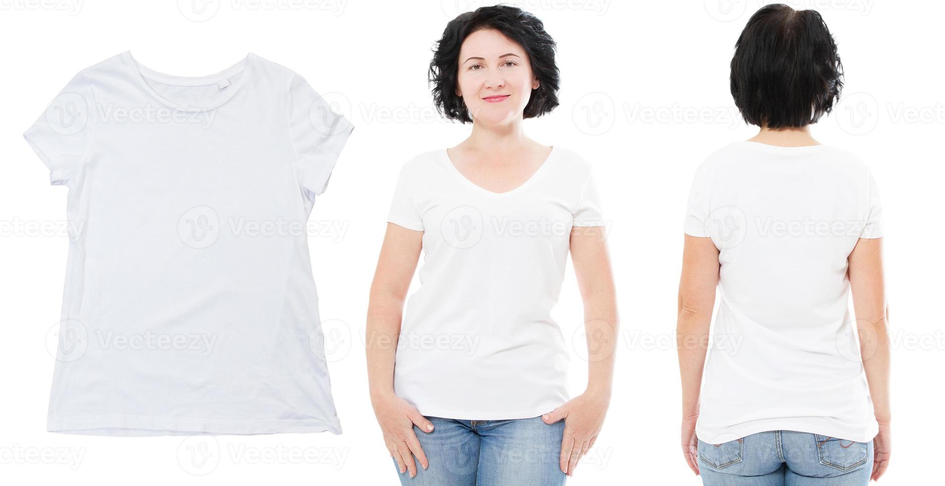 T-shirt design and people concept - close up of middle aged woman in blank white t-shirt, shirt, front and rear isolated. photo