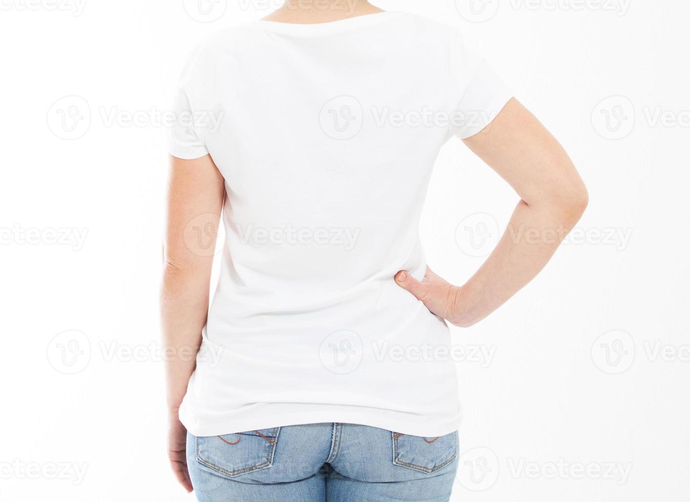 Back view - woman in white t-shirt isolated mock up, copy space, empty tshirt. Girl in t shirt. photo