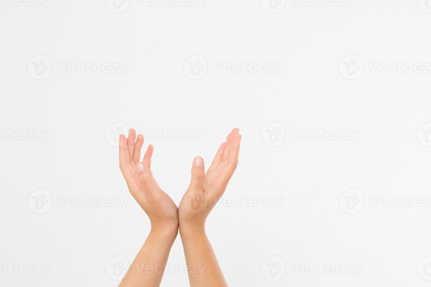 female hands measuring invisible items, woman's palm making gesture while showing small amount of something on white isolated background, side view, close-up, cutout, copy space photo