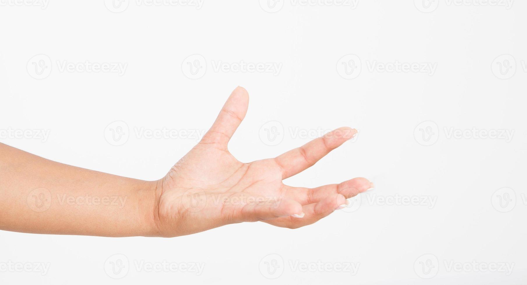 Open a black woman's hand, palm up isolated on white background.Front view. Mock up. Copy space. Template. Blank. photo