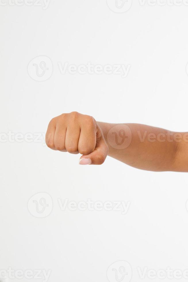 Black Woman fist isolated on a white background. afro american fist. Front view. Mock up. Copy space. Template. Blank. photo
