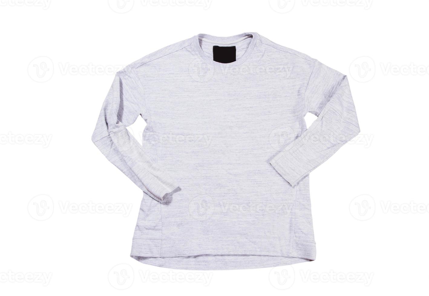 Gray pullover isolated on white background. Gray sweatshirt mock up empty copy space. photo