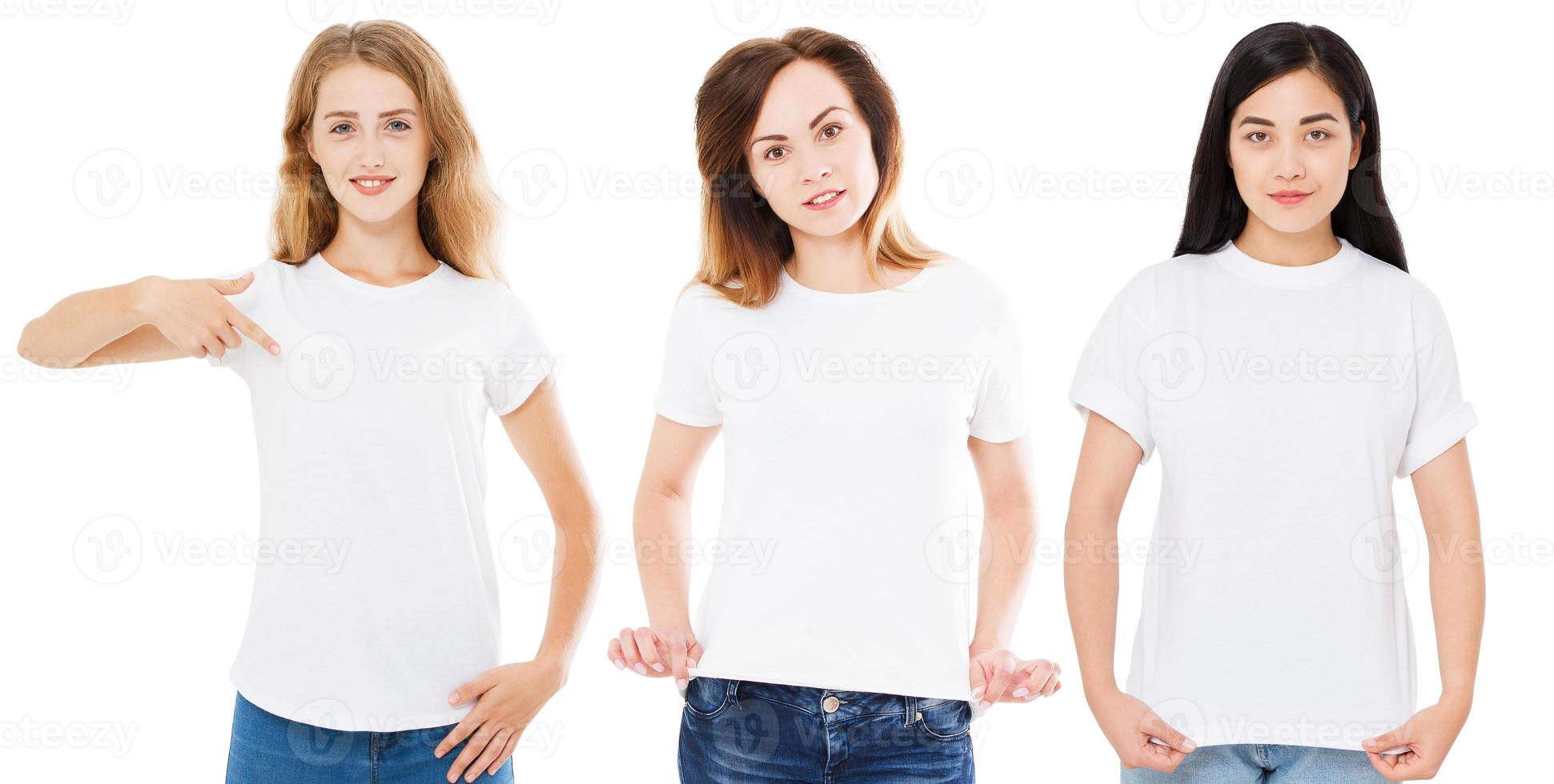 Vista frontal de las mujeres en camiseta blanca aisladas sobre fondo blanco, asiática, mujer caucásica coreana en camiseta, camiseta de niña foto