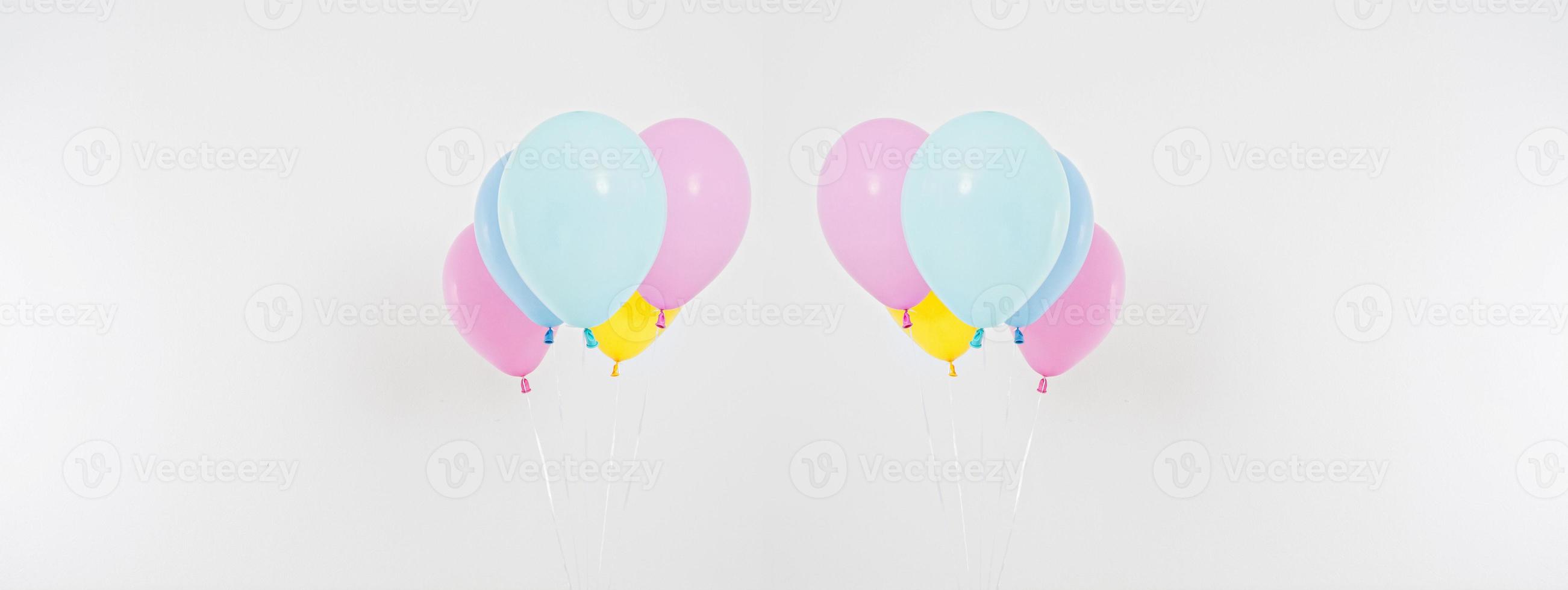 Colorful party balloons background collage, set. Celebration, holidays, summer concept. Design template. Billboard blank, top view, copy space. photo