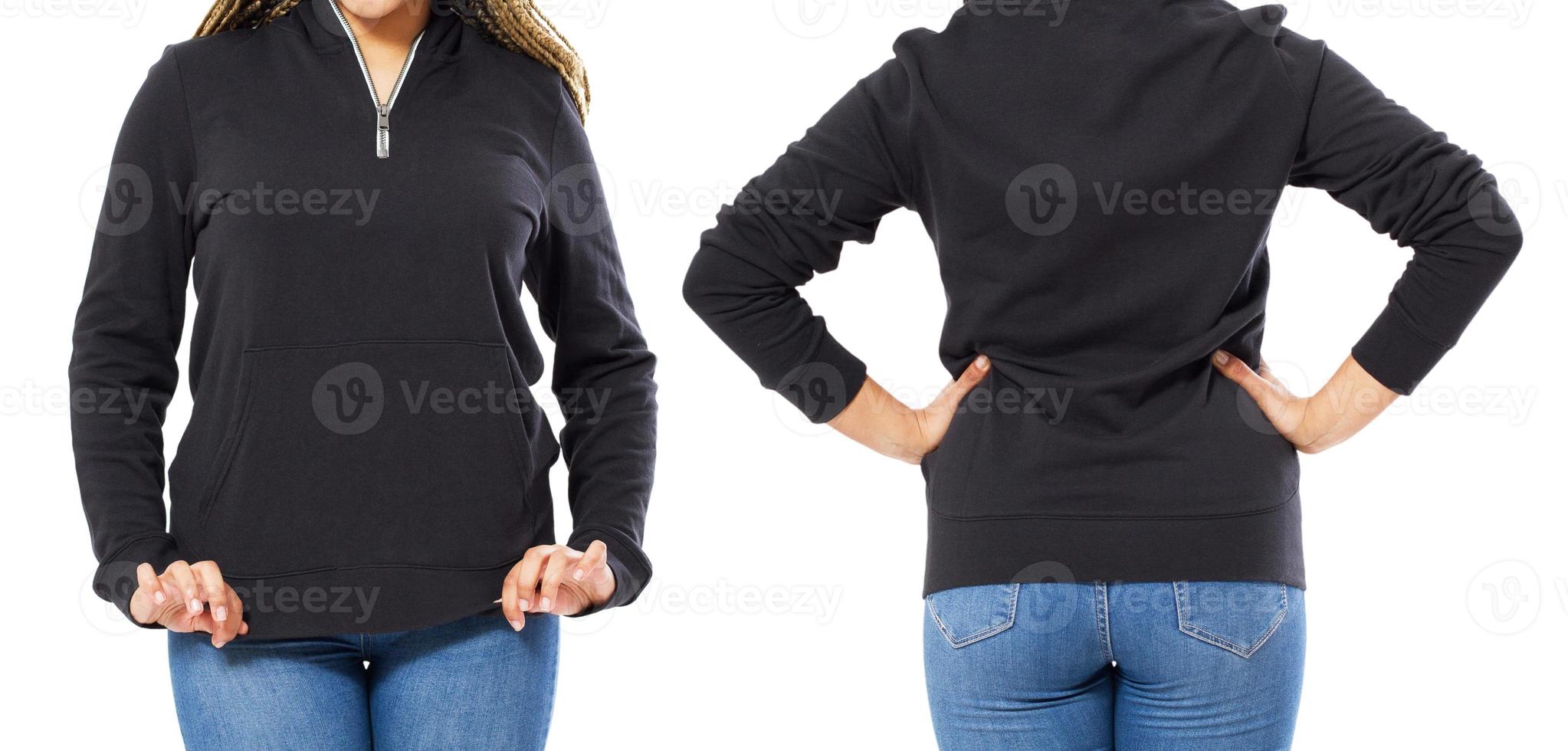 Hoodie mock up set front and back view - Afro american girl in stylish empty pullover mock up, hoody for logo photo