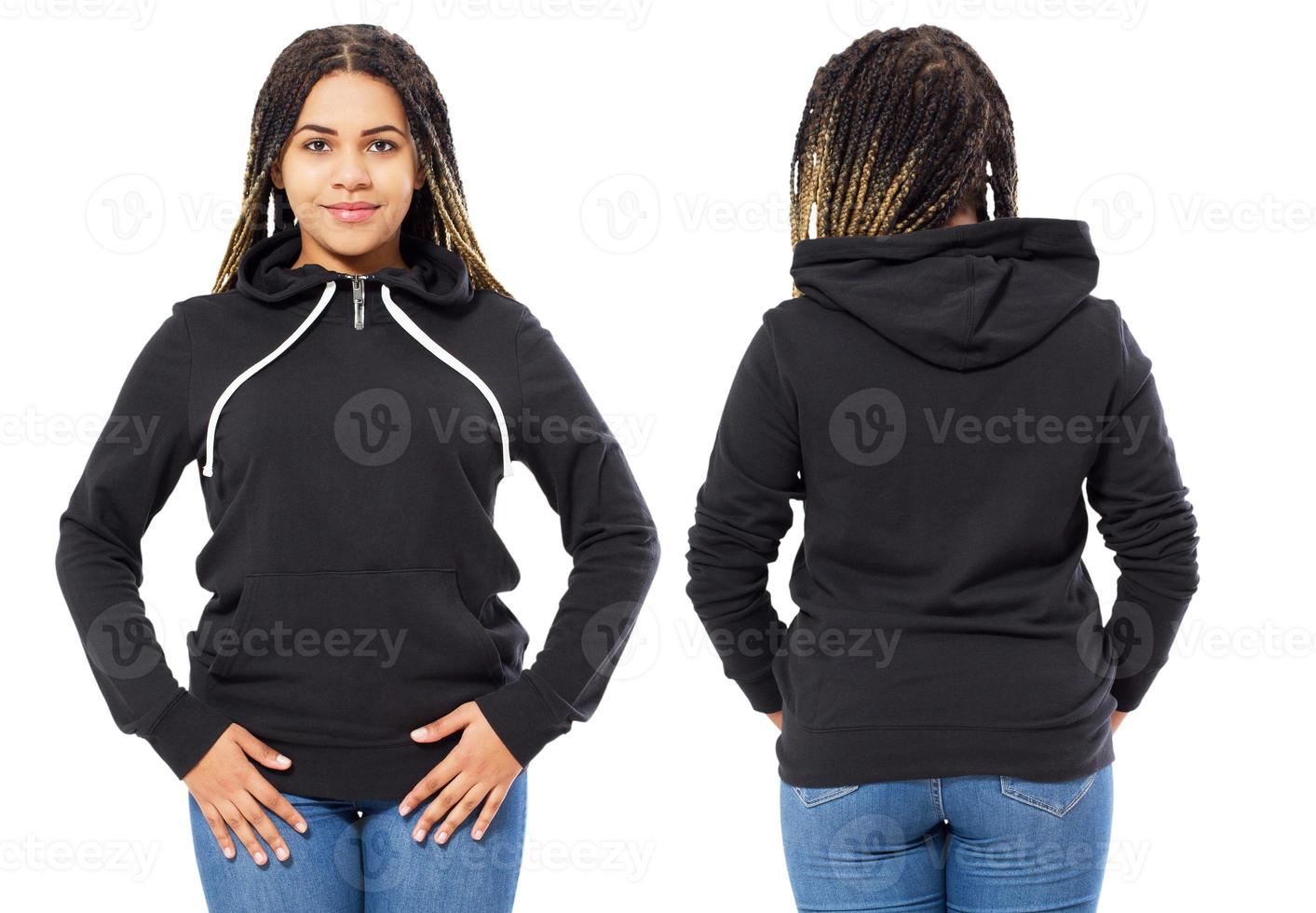 Front back and rear black sweatshirt view. Beautiful black woman in template clothes for print and copy space isolated on white background. Mock up photo