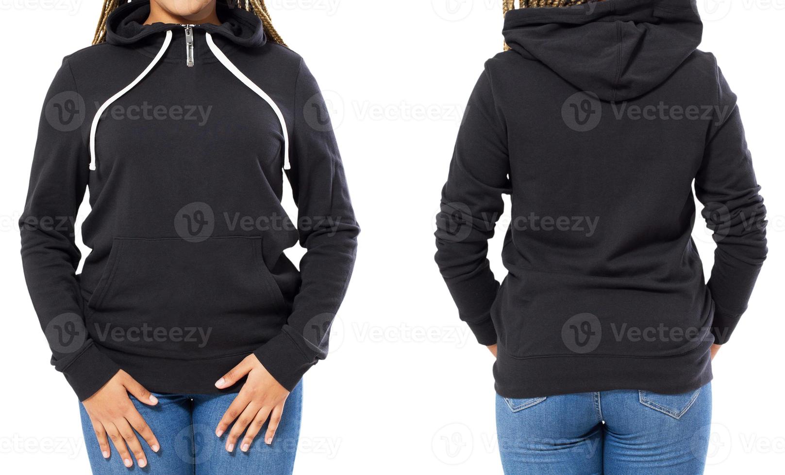 Front back and rear black sweatshirt view. Woman show on template clothes for print and copy space isolated on white background, Mock up, Cropped image. photo