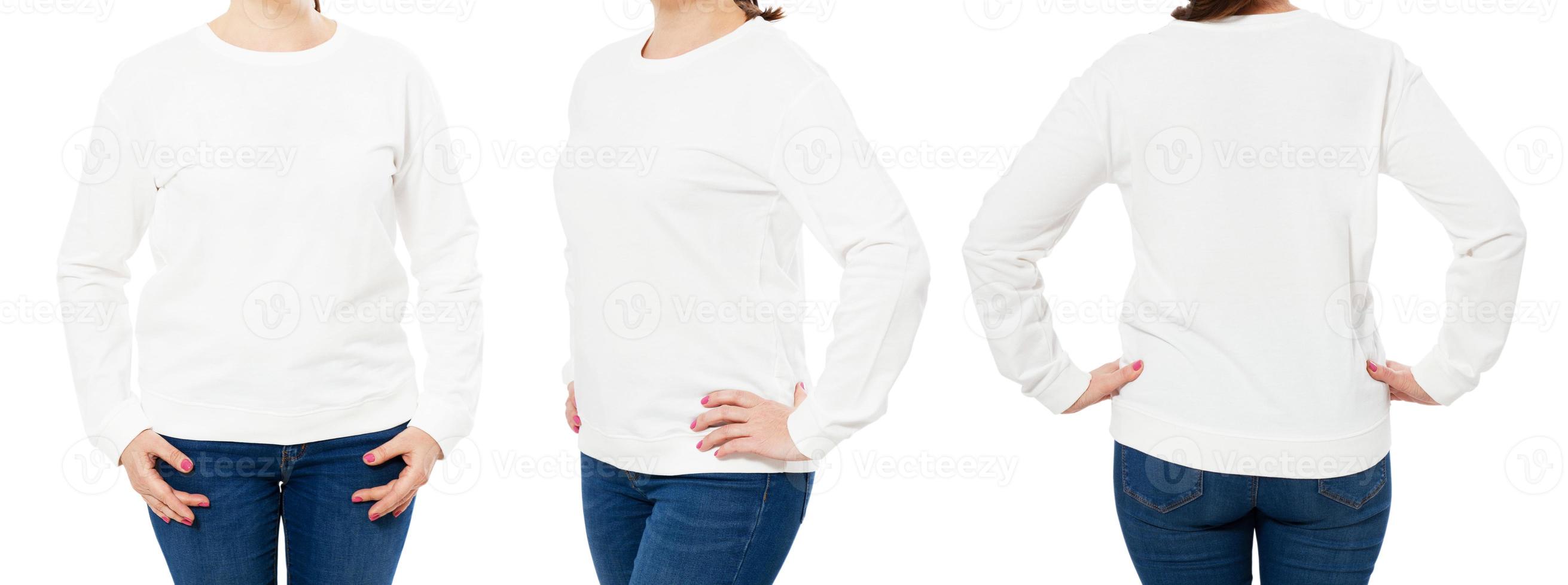 Blank white sweatshirt mock up set isolated, front, back and side view. Woman wear white pullover mockup. Plain hoody design presentation. Textile white loose overall model. Pullover for print photo