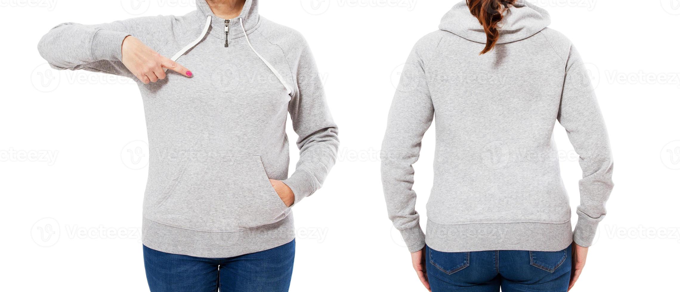 Pointed stylish female girl hoodie front and back view, caucasian woman in grey sweatshirt mockup isolated on white background. photo