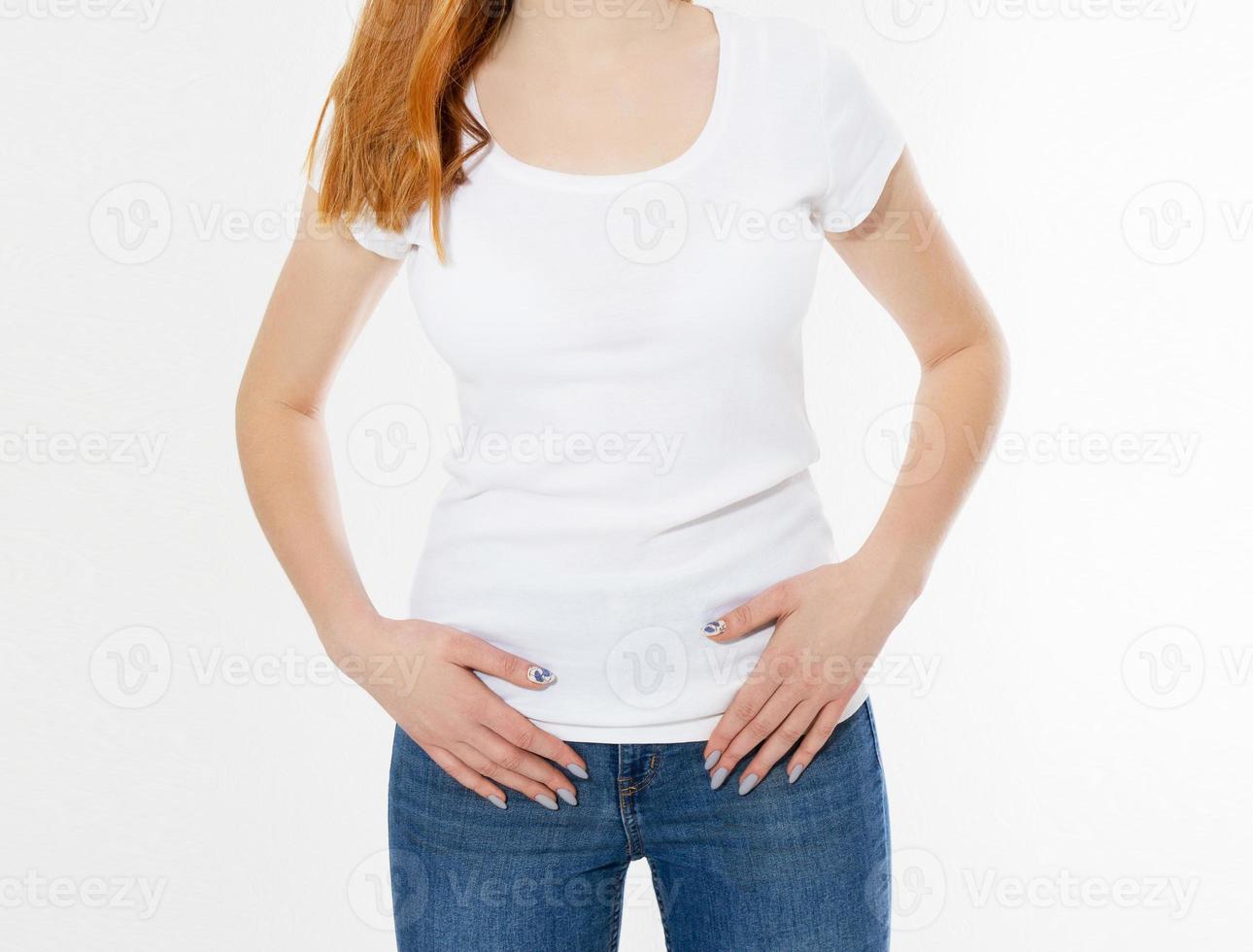 Beautiful happy red hair girl in white t-shirt isolated. Pretty smile red head woman in tshirt mock up, blank. photo