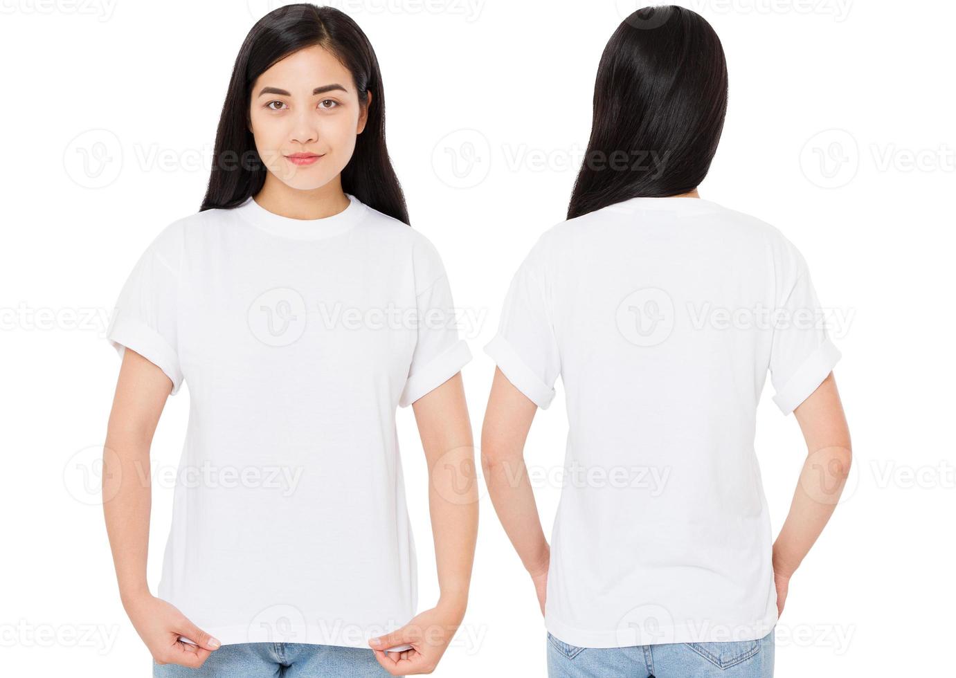 Front and back views of young korean woman in stylish t-shirt on white background. Mockup for design asian girl photo