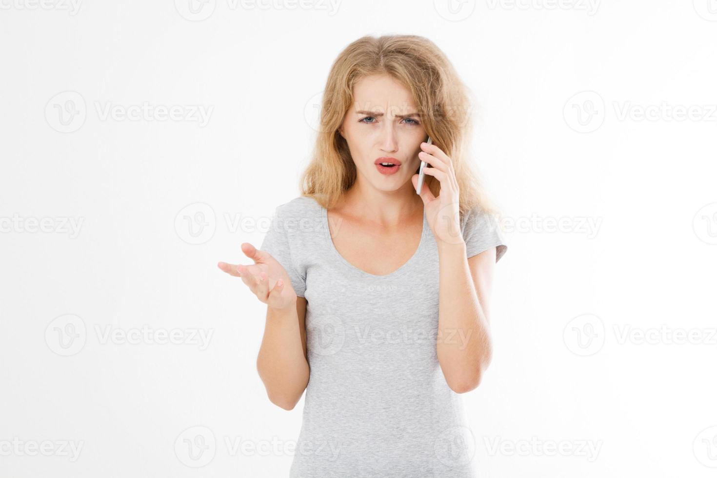 Angry dissatisfied woman talking to someone on the mobile phone, displeased client complaining about bad service, arguing on phone. Girl having conflict during telephone conversation photo