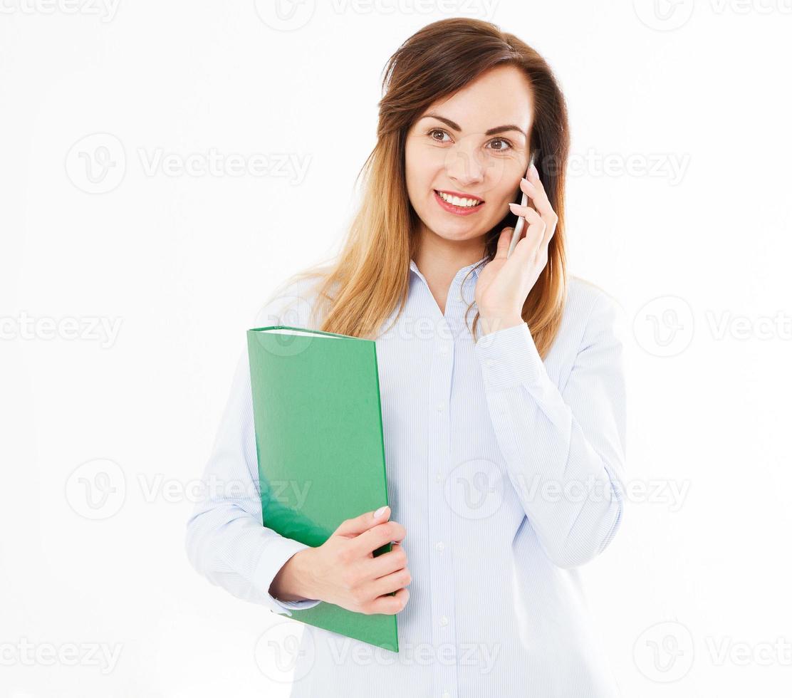 cute, modern business woman talking on cell phone and hold folder or document case isolated on white background. Girl in shirt. Copy space,blank photo