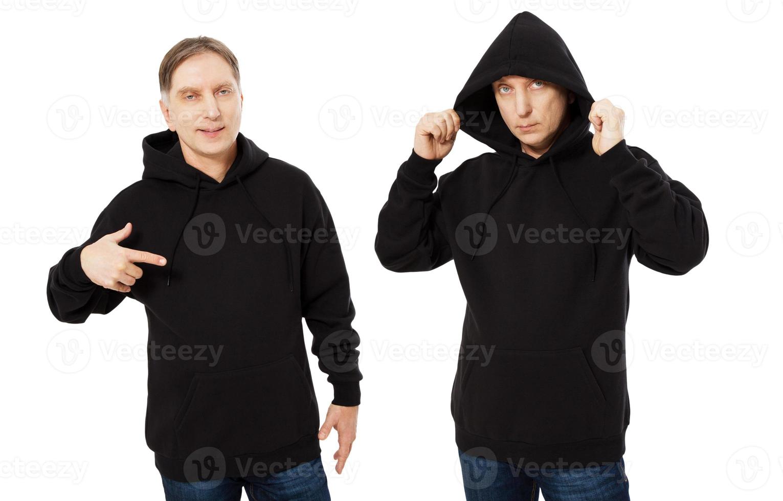 Man in black hoodie hoody set front view, hoody mockup isolated on white background. Man puts on a hood photo