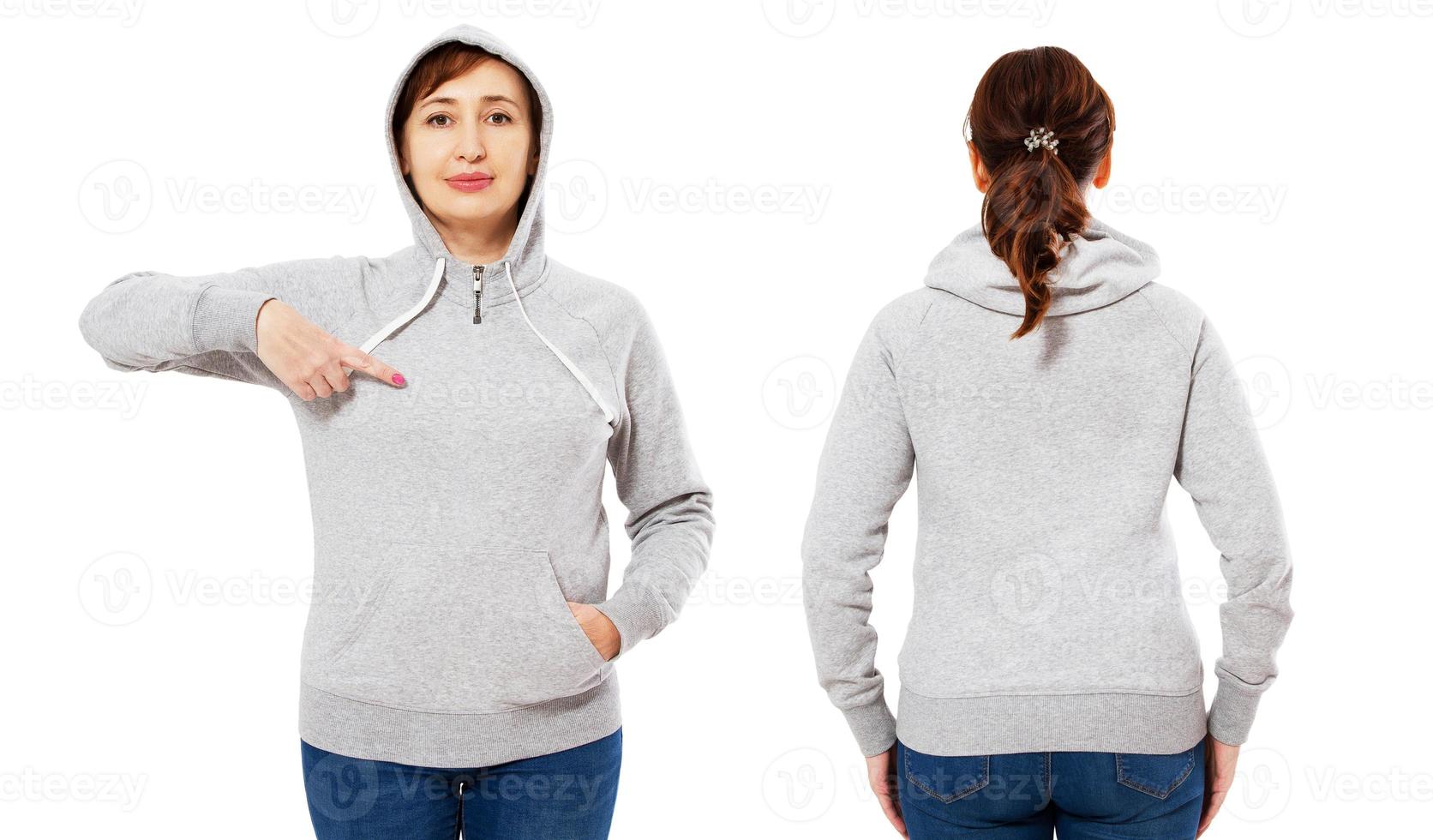 puntiaguda mujer de mediana edad con estilo en la vista frontal y posterior de la sudadera con capucha, mujer blanca en maqueta de sudadera aislada sobre fondo blanco. foto