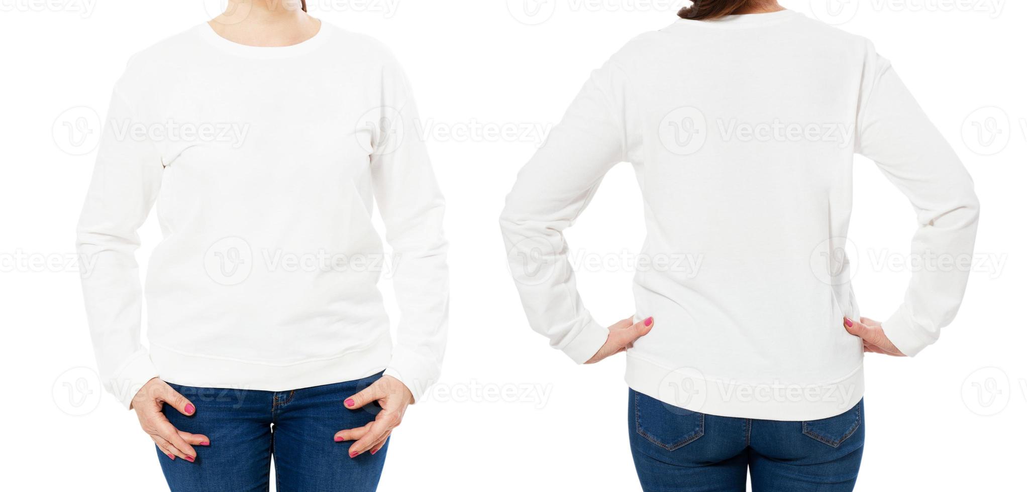 Set White tshirt wide neck, long sleeves, on a young woman in jeans, isolated over white background, front and back, mockup. photo