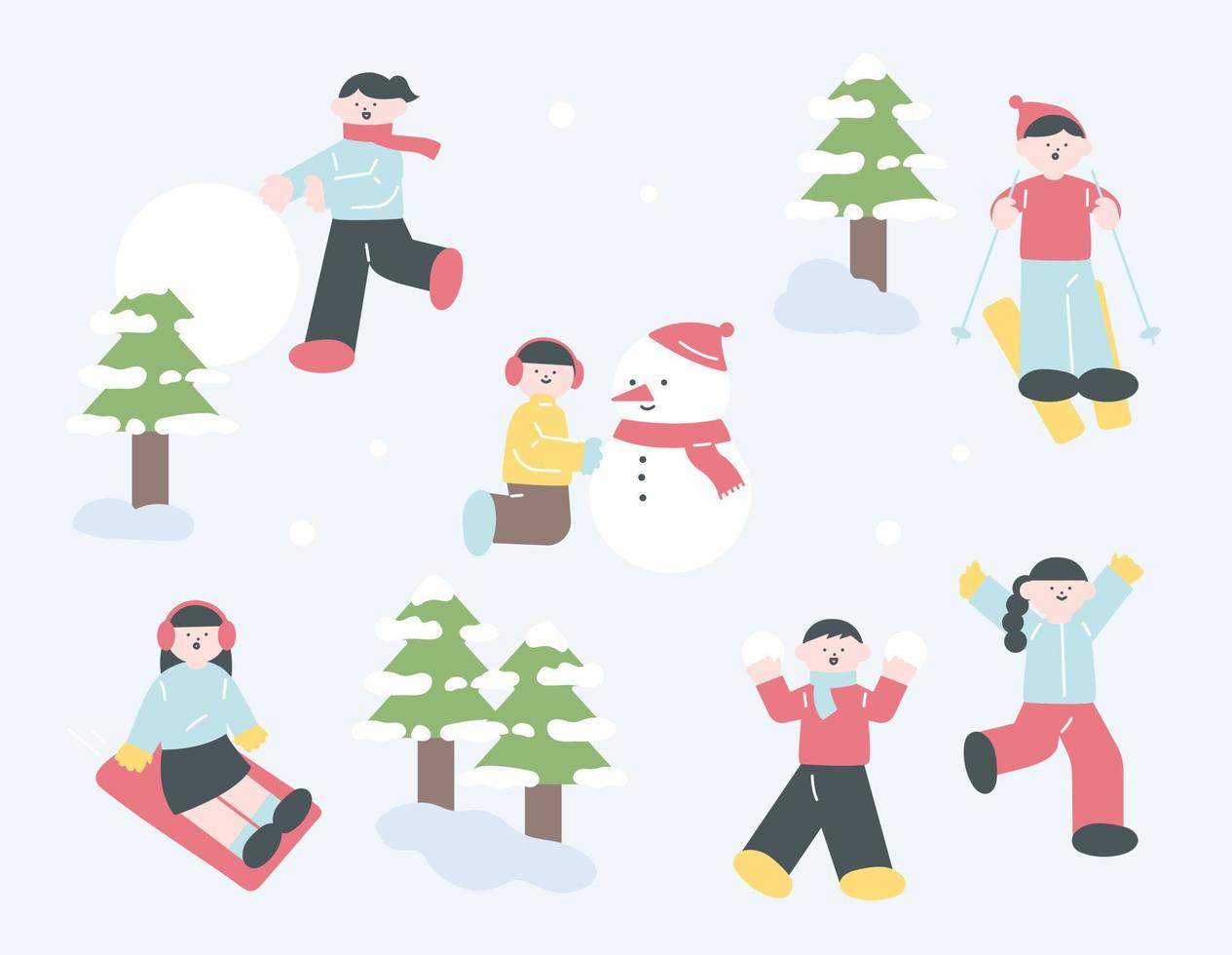 On a snowy day, people are making snowmen, riding sleds, and skiing. vector