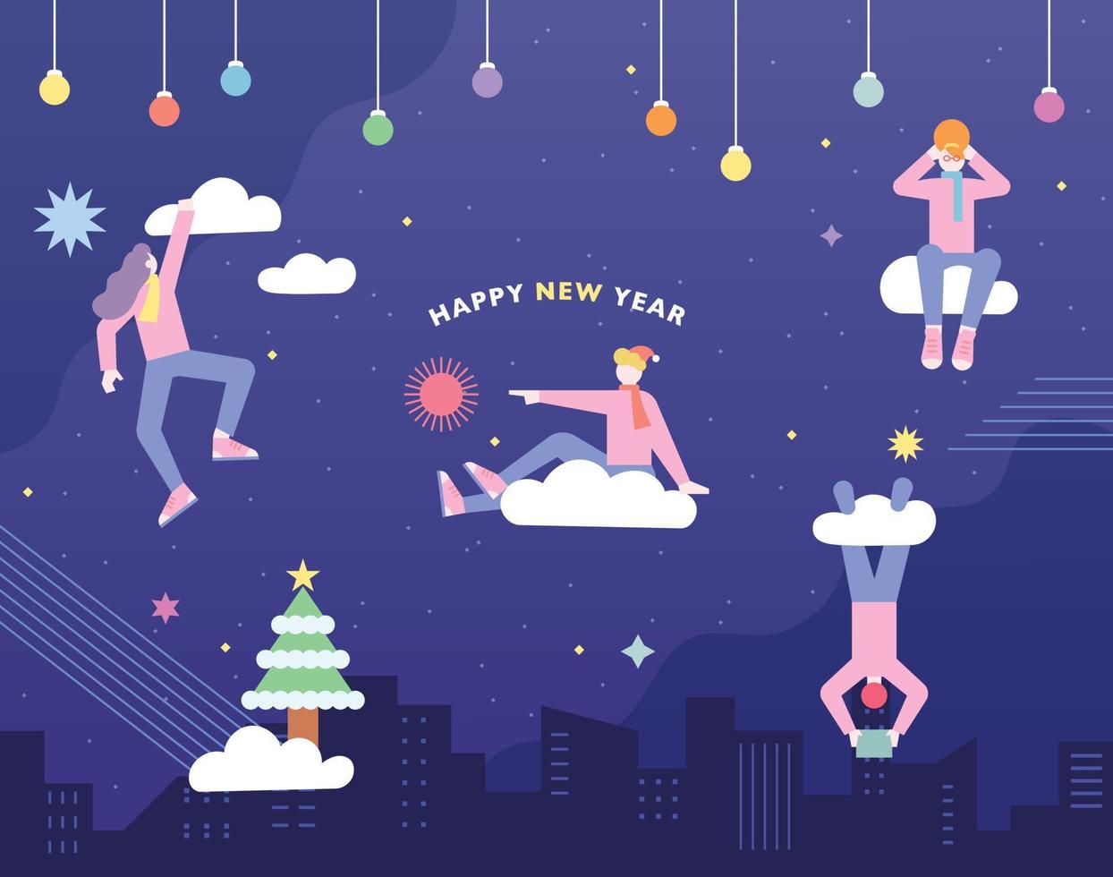 feliz año nuevo tarjeta de navidad. la gente juega en las nubes oscuras de la noche. vector