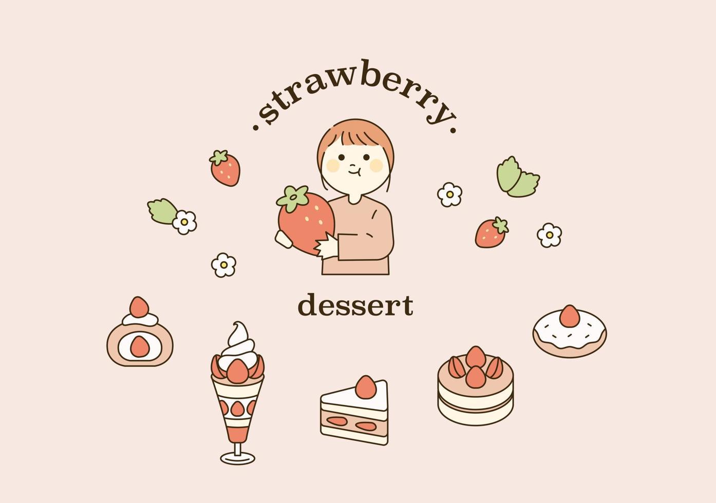 Cute character holding strawberry and strawberry dessert. outline simple vector illustration.