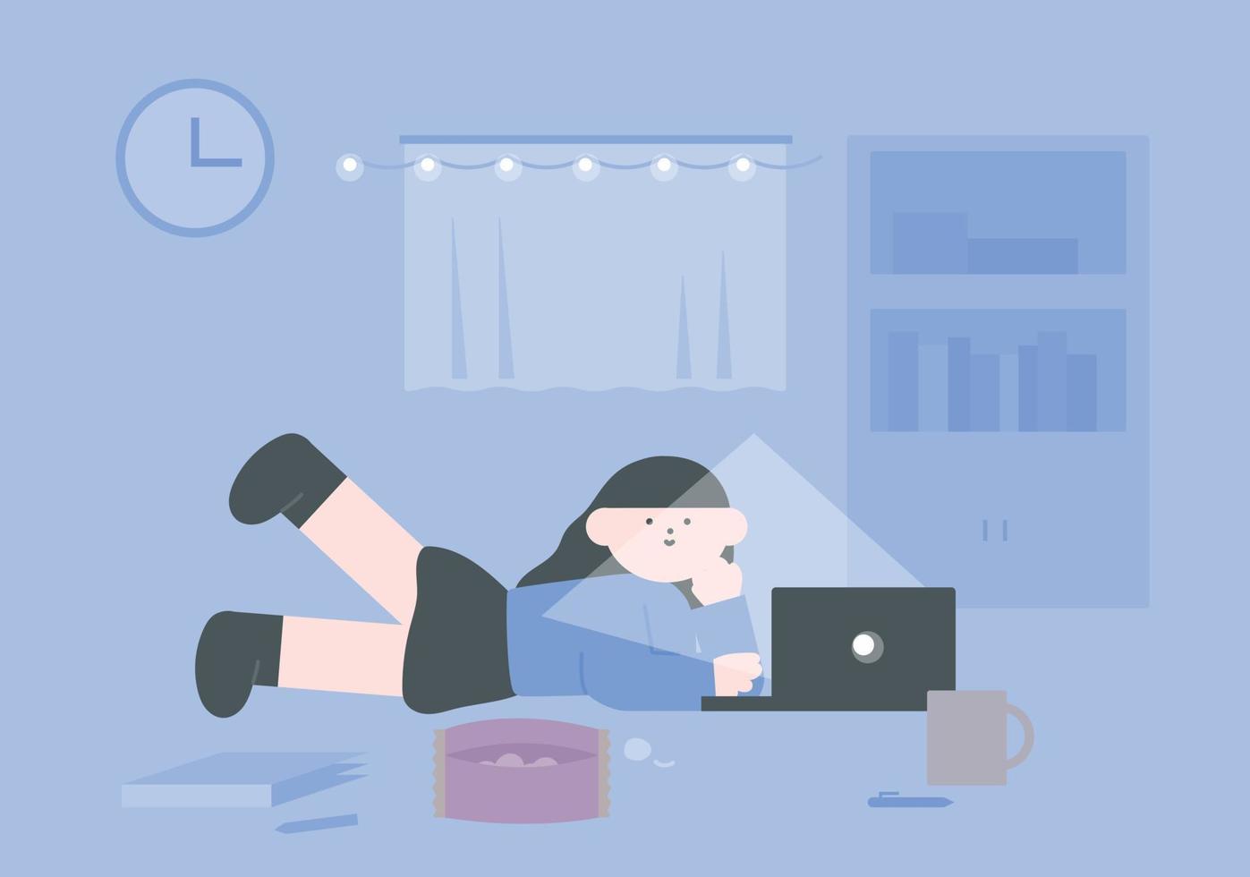 A girl is lying on the floor and looking at a laptop. vector